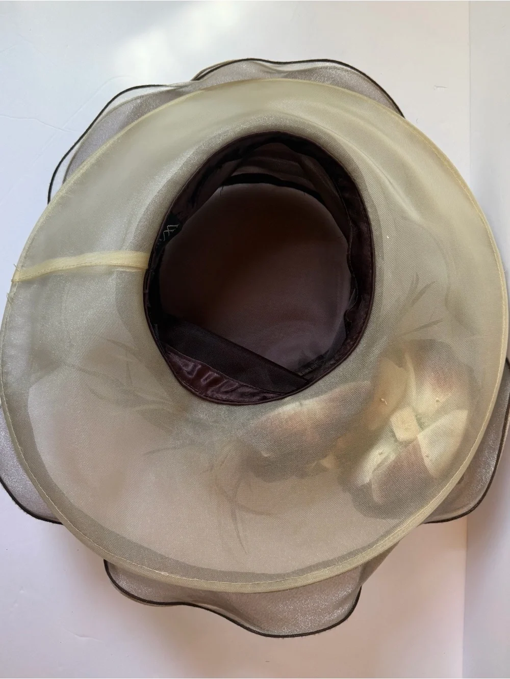 Whittall & Shon Brown Beige Organza Derby Church Hat Floral Feather EUC